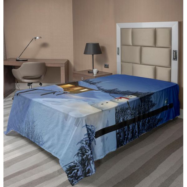 Abakuhaus Lenzuolo Natalizio, Decorazione Natalizia In Stile Rustico Con Pupazzo Di Neve Con Sciarpa E Cappello, Morbido E Confortevole Lenzuolo Superiore Per Un Letto Decorativo 1 Pezzo 190 Cm X 100 Cm, Blu E Bianco-image