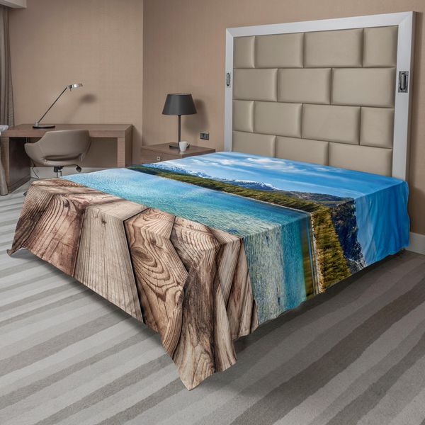 Abakuhaus Lenzuolo Da Letto, Cime Innevate, Pini, Tempo Soleggiato, Acqua Limpida, Foto, Lenzuolo Morbido E Confortevole Per Un Letto Decorativo, 1 Pezzo, 275 Cm X 260 Cm, Marrone E Blu-image