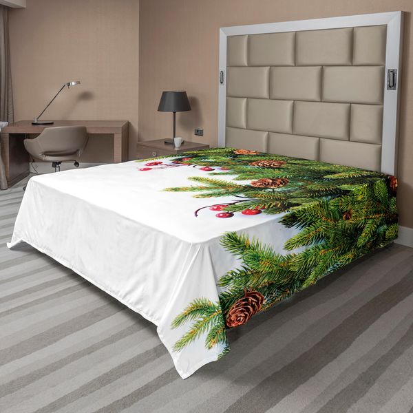 Abakuhaus Lenzuolo Natalizio, Rami Di Abete Sempreverde Con Pigne E Agrifoglio, Design Natalizio, Lenzuolo Morbido E Confortevole Per Un Letto Decorativo, 1 Pezzo, 275 Cm X 260 Cm, Verde Marrone-image