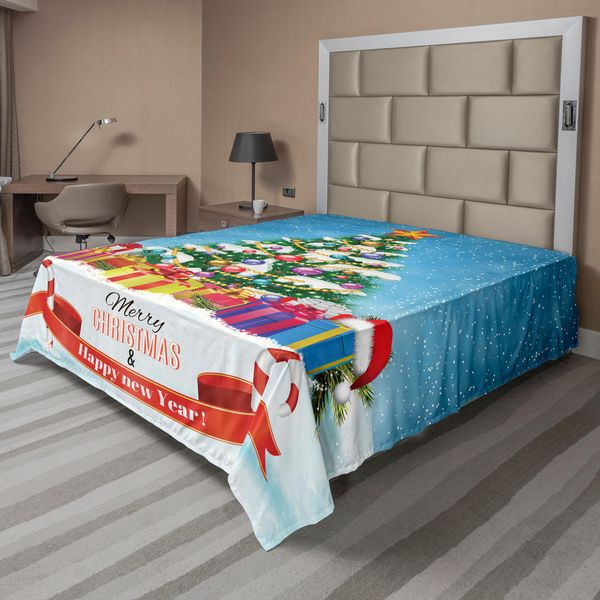 Abakuhaus Lenzuolo Natalizio, L'albero Di Natale Circondato Da Scatole A Sorpresa Noel Yuletide Concept Stampa Grafica, Morbido E Confortevole Lenzuolo Superiore Per Un Letto Decorativo 1 Pezzo 260 Cm X 228 Cm, Multicolore-image