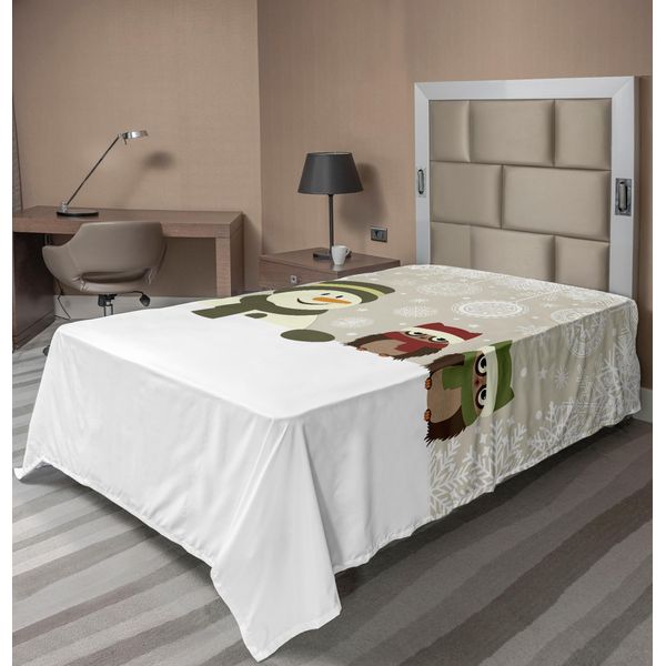 Abakuhaus Lenzuolo Natalizio, Pupazzo Di Neve E Gufi In Una Giornata Invernale Nevosa Con Campanelle E Fiocchi Di Neve, Morbido E Confortevole Lenzuolo Superiore Per Un Letto Decorativo 1 Pezzo 260 Cm X 168 Cm, Multicolore-image