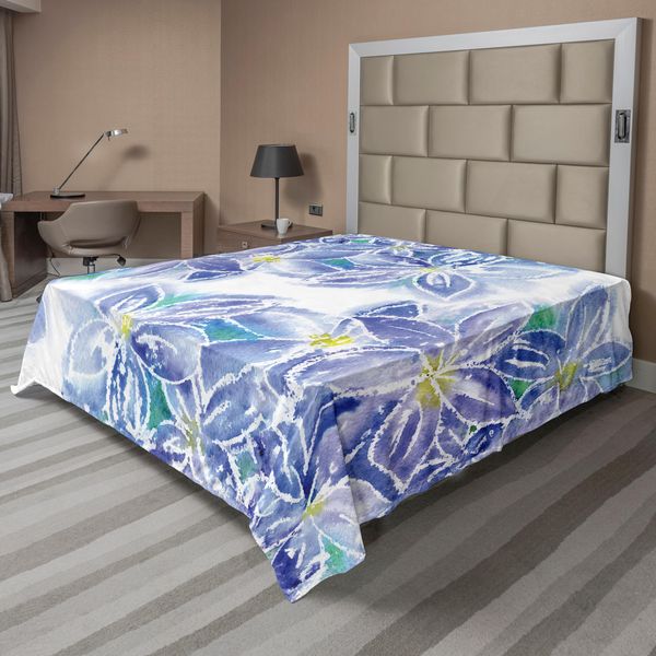 Abakuhaus Lenzuolo Con Fiori Acquerellati, Stagione Primaverile, Madre Terra In Fiore, Design Con Bouquet Di Fiori, Lenzuolo Morbido E Confortevole Per Un Letto Decorativo, 1 Pezzo, 275 Cm X 260 Cm, Blu E Giallo-image