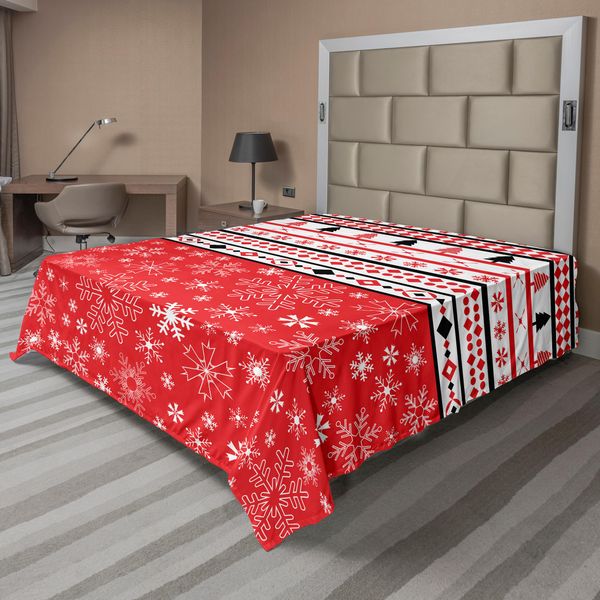 Abakuhaus Lenzuolo Natalizio, Classico Motivo Nostalgico Natalizio Con Forme Geometriche E Grafica A Fiocchi Di Neve, Morbido E Confortevole Lenzuolo Superiore Per Un Letto Decorativo 1 Pezzo 244 Cm X 205 Cm, Bianco Rosso-image