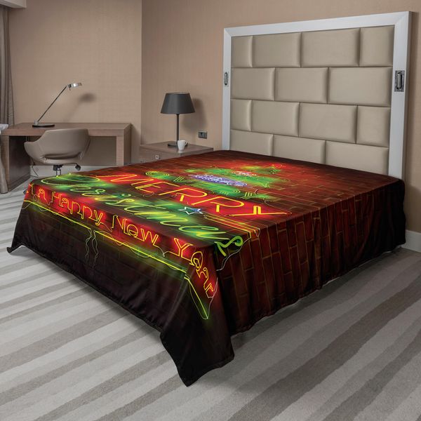 Abakuhaus Lenzuolo Natalizio, Insegna Luminosa Buon Natale E Felice Anno Nuovo Frase Stampata Sulla Parete, Morbido E Confortevole Lenzuolo Superiore Per Un Letto Decorativo 1 Pezzo 244 Cm X 205 Cm, Verde Bordeaux-image