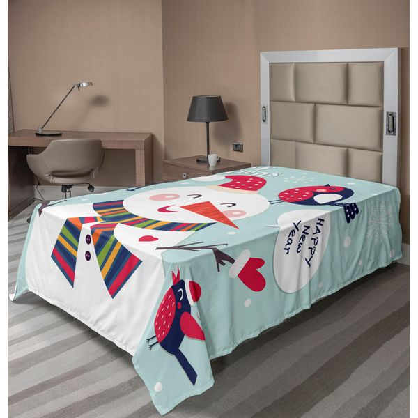 Abakuhaus Lenzuolo Natalizio, Simpatica Illustrazione Natalizia Con Uccellino E Pupazzo Di Neve Che Festeggiano L'inverno, Morbido E Confortevole Lenzuolo Superiore Per Un Letto Decorativo 1 Pezzo 260 Cm X 168 Cm, Blu E Bianco-image