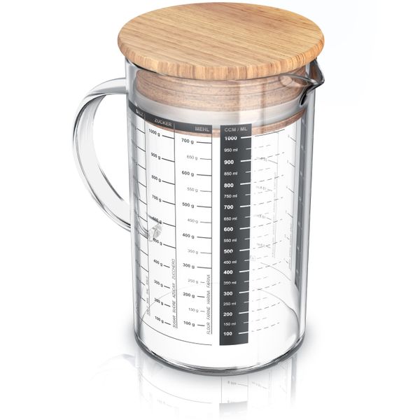 Arendo - Caraffa Graduata In Vetro Da 1L - Caraffa Graduata Da 1 Litro Caraffa In Vetro - Vetro Borosilicato - Scala Precisa - Resistente Al Calore - Adatta Al Microonde - Caraffa In Vetro Con Coperchio In Bambù - Guarnizione In Silicone-image