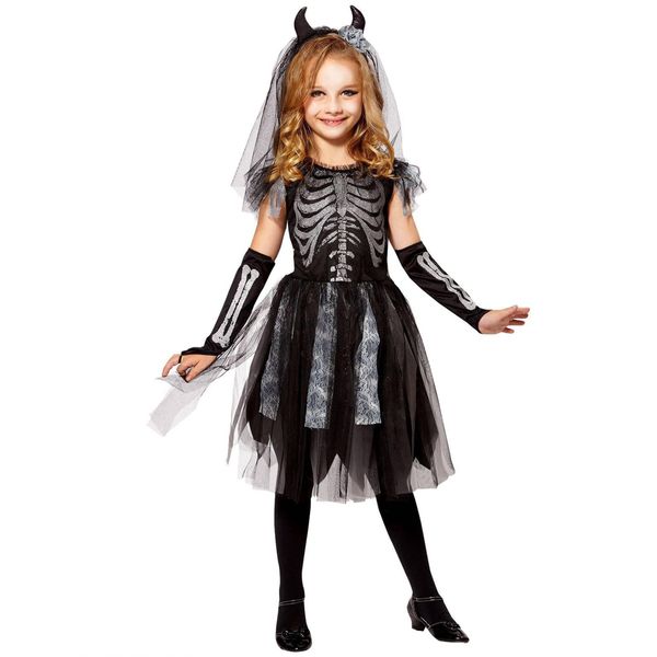 Costume Da Sposa Scheletro Tetro Per Ragazze Halloween Nero 8-10 Anni (140 Cm)-image