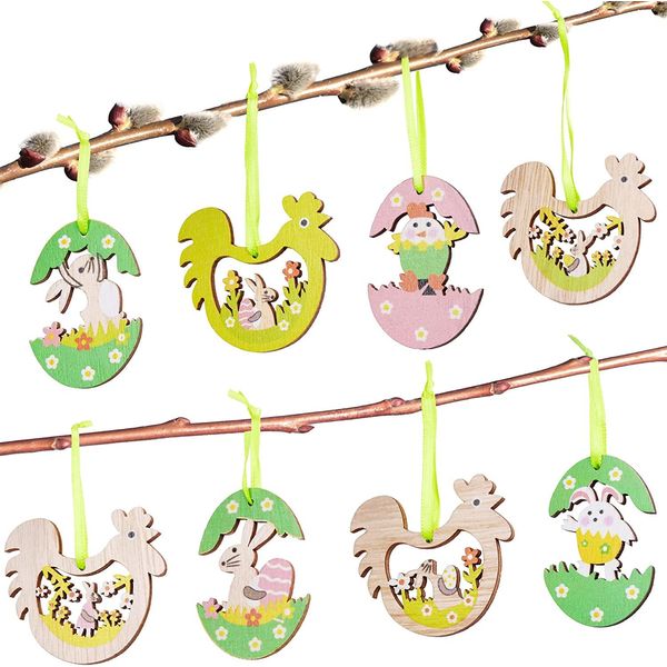 Brubaker 24 Pz. Ciondolo Per Decorazione Pasquale - Ciondolo In Legno Di Circa 6 Cm - Ciondolo Per Decorazione Di Uova, Coniglietti E Galline - Ciondolo Per Decorazione Pasquale In Legno Per Feste Pasquali Fai Da Te O Altre Decorazioni Primaverili-image