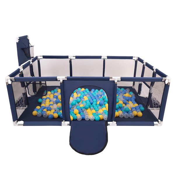 Selonis Playpen Grande Parco Giochi Con 200 Palline Playpen Per Bambini, Blu Scuro:Turchese/Blu/Giallo/Trasparente-image