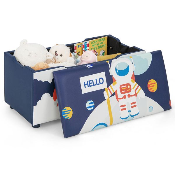 Costway Scatola Portagiochi Imbottita, Scatola Portaoggetti Per Bambini Con Coperchio Rimovibile, Versatile Banca Portagiochi Con Motivo Di Razzi E Pianeti, Per Soggiorno, Asilo Nido, Scuola Materna (Blu)-image