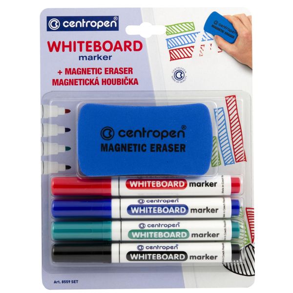 Centropen, Set Di Pennarelli Per Lavagna Bianca 8559, Colore, 4 Pezzi, 2,5 Mm, Base Alcolica-image