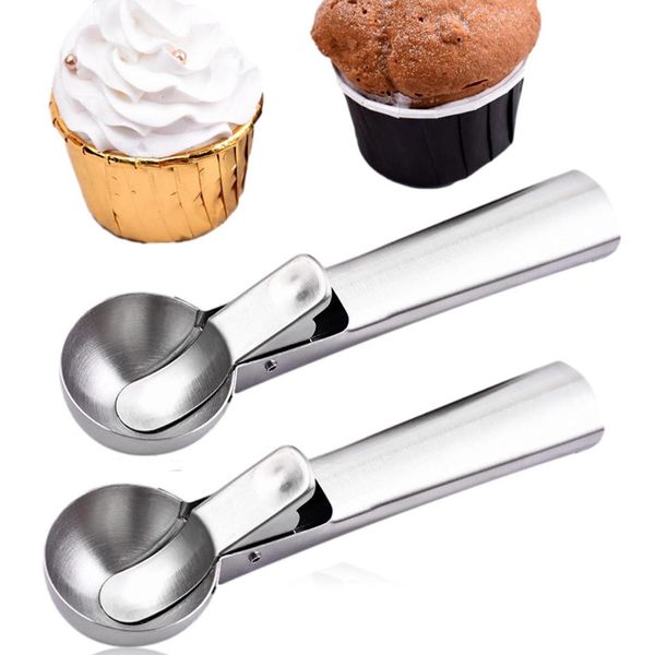Set Di 2 Palette Da Gelato In Acciaio Inox, Stampo Per Palette Da Gelato Ø-5Cm Cucchiaio Da Gelato Con Espulsore Cucchiaio Per Gelato, Palette Per Melone Aiuto In Cucina, Paletta Per Gelato, Spatola Per Gelato, Paletta Per Sorbetto Paletta Per Gelato 18 Cm-image