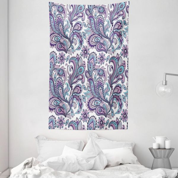 Abakuhaus Arazzo E Copriletto Paisley, Bohemic Blumenland In Morbido Tessuto Microfibra Lavabile Senza Scolorimento Stampa Digitale, 140 X 230 Cm, Bianco Viola Blu-image