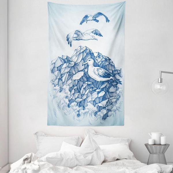 Abakuhaus Arazzo E Copriletto Costiero, Seagull Berg Sketch In Morbido Tessuto Microfibra Lavabile Senza Scolorimento Stampa Digitale, 140 X 230 Cm, Blu Bianco Navy-image