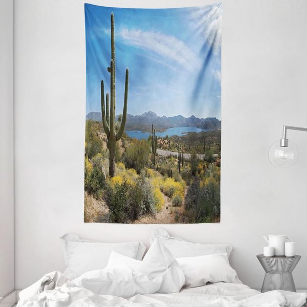 Abakuhaus Arazzo Naturale E Copriletto, Cactus Sulla Valle In Morbido Tessuto Microfibra Lavabile Senza Scolorimento Stampa Digitale, 140 X 230 Cm, Blu Verde-image