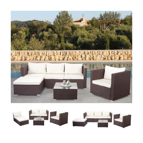 Poly-Rattan-Garnitur Busto, Gartengarnitur Sitzgruppe Sofa Lounge-Set ~ Braun, Kissen Creme-image