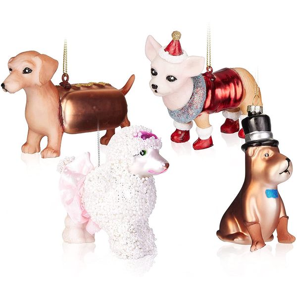 Brubaker Set Di 4 Pezzi Di Gingilli Divertenti Per L'albero - Gingilli Natalizi Dipinti A Mano: Bassotto Hot Dog, Cane Con Cappello A Cilindro, Barboncino E Chihuahua - Decorazioni Per L'albero Di Natale In Vetro Soffiato A Bocca - Divertenti Decorazioni Per L'albero-image