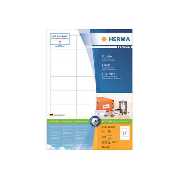 Herma Premium - Etichette Autoadesive Permanenti In Carta Laminata Opaca - Bianco - 64,6 X 33,8 Mm - 2400 Etichette (100 Fogli X 24) (4262)-image
