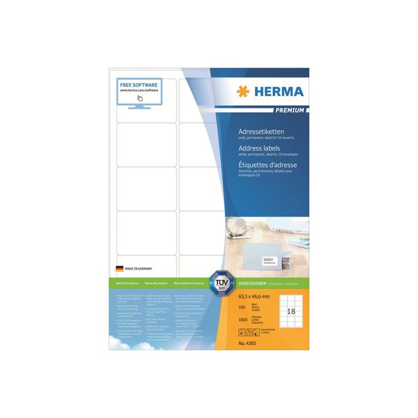 Herma Premium - Etichette Permanenti Autoadesive In Carta Laminata Opaca - Bianco - 63,5 X 46,6 Mm - 1800 Etichette (100 Fogli X 18) (4265)-image