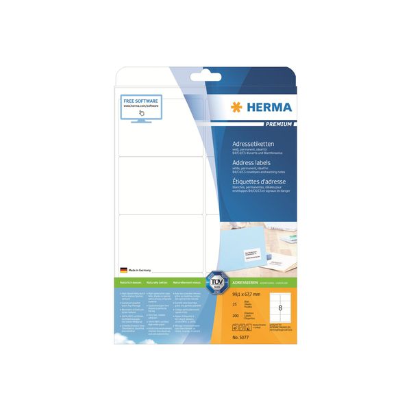 Herma 5077 5077 Etichette Indirizzo Premium A4, Bianco 99,1X67,7 Mm Carta Opaca 200 Pz.-image