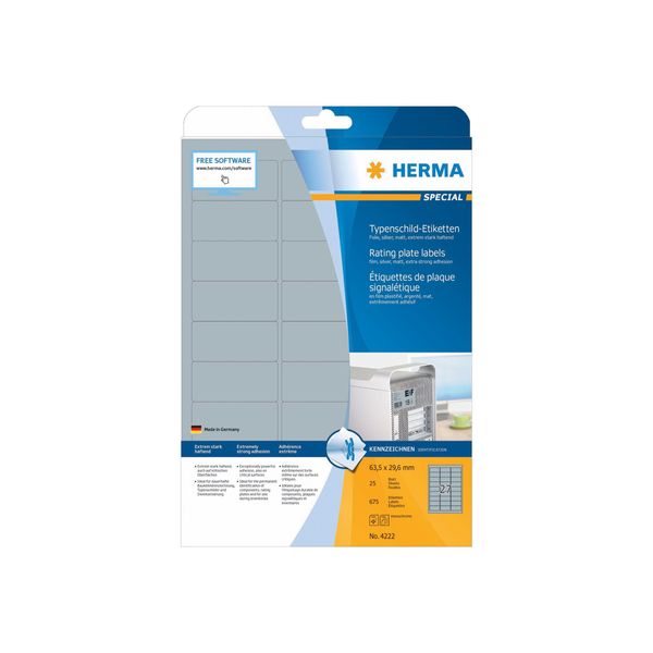 Herma 4222 4222 Etichette Per Targhette A4 Argento 63,5X29,6 Mm Pellicola Adesiva Estremamente Resistente Opaca 675 Pz.-image