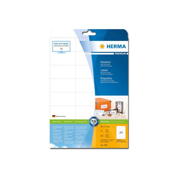Herma 4390 Etichette Premium A4, Carta Bianca 70X37 Mm Opaca 600 Pz.-image