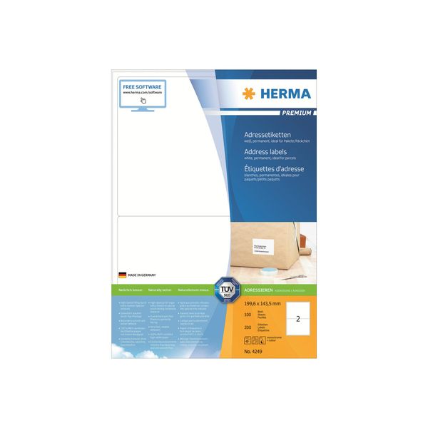 Herma Premium - Etichette Permanenti Autoadesive In Carta Laminata Opaca - Bianco - 199,6 X 143,5 Mm - 200 Etichette (100 Fogli X 2) (4249)-image