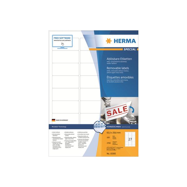 Herma Movables - Etichette Autoadesive - Bianco - 63,5 X 29,6 Mm - 2700 Pezzi (100 Fogli X 27) (10300)-image