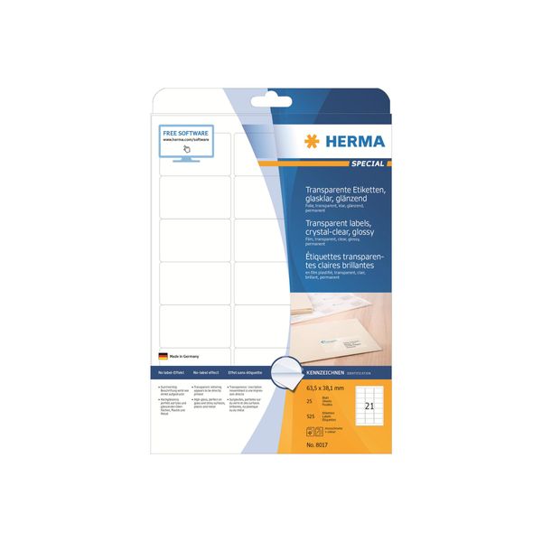 Herma - Etichette Autoadesive - Trasparenti - 38,1 X 63,5 Mm 525 Etichette (25 Fogli X 21) (8017)-image