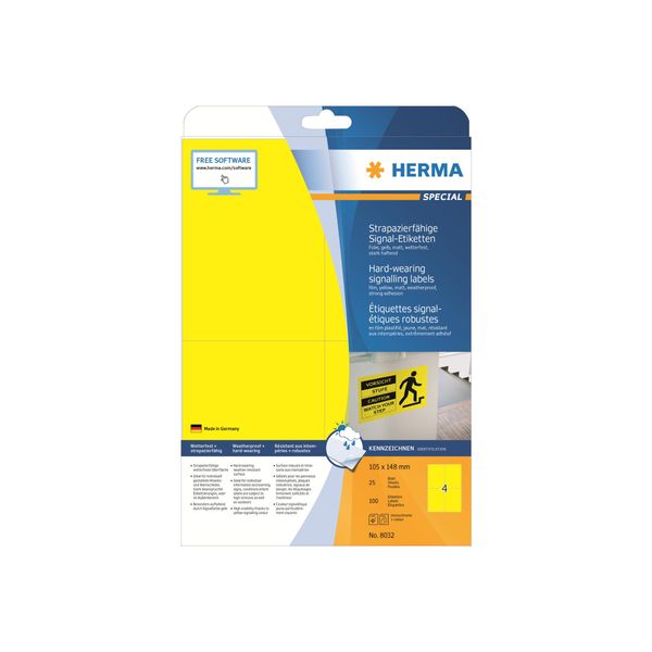 Herma Special - Etichette Autoadesive In Pellicola Opaca, Resistenti Agli Agenti Atmosferici, Per Uso Esterno - Giallo - 105 X 148 Mm 100 Etichette (25 Fogli X 4) (8032)-image