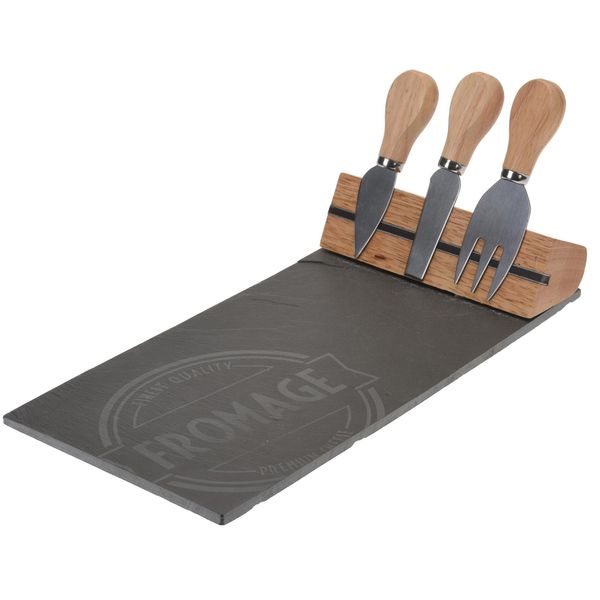 Excellent Houseware Set Per Servire Il Formaggio, Ardesia/Acciaio Inossidabile, 30X15X5 Cm, Nero-image