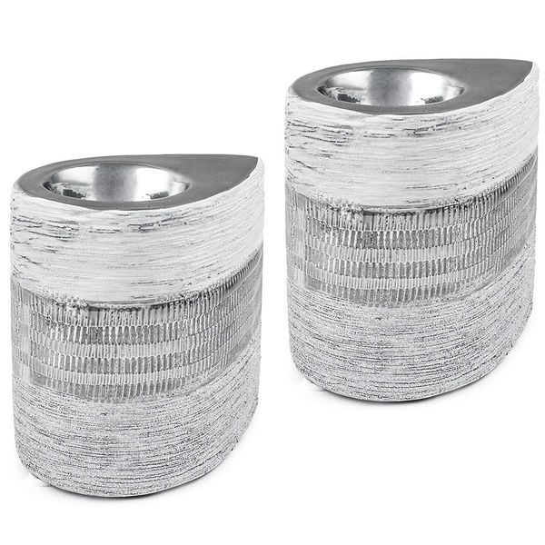 Set Di 2 Porta Tealight In Porcellana Brubaker Color Argento Bianco - Con 10 Tealight Inclusi-image