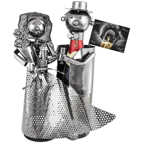 Portabottiglie Brubaker Per Spumante O Champagne - Scultura In Metallo Per Coppia Di Sposi Con Carta Regalo-image