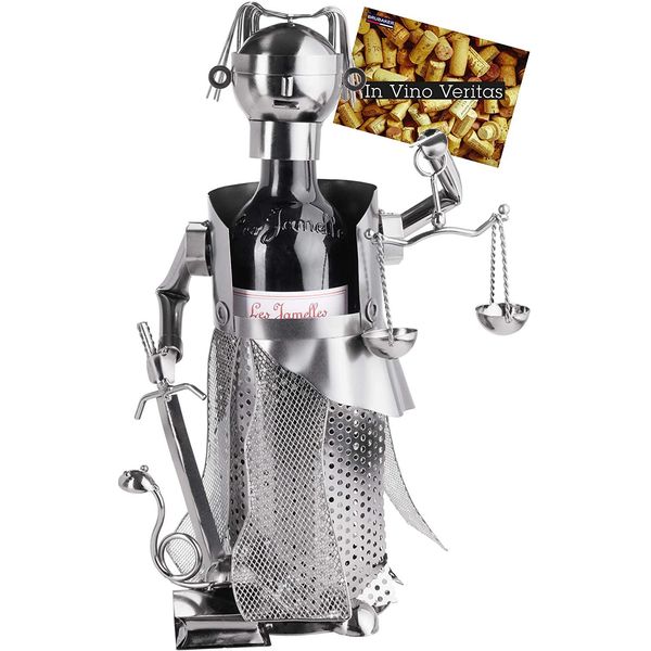 Brubaker Portabottiglie Justitia Argento - Scultura In Metallo Portabottiglie - Figura In Metallo Regalo Per Avvocati, Giudici, Procuratori, Studi Legali - Con Biglietto Di Auguri-image