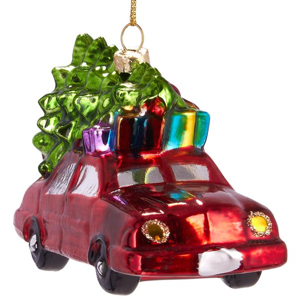 Brubaker Auto Con Albero Di Natale Sul Tetto Rosso - Guaina Natalizia In Vetro Dipinta A Mano - Figurine Di Decorazione Per L'albero Di Natale Divertente - Circa 12 Cm-image