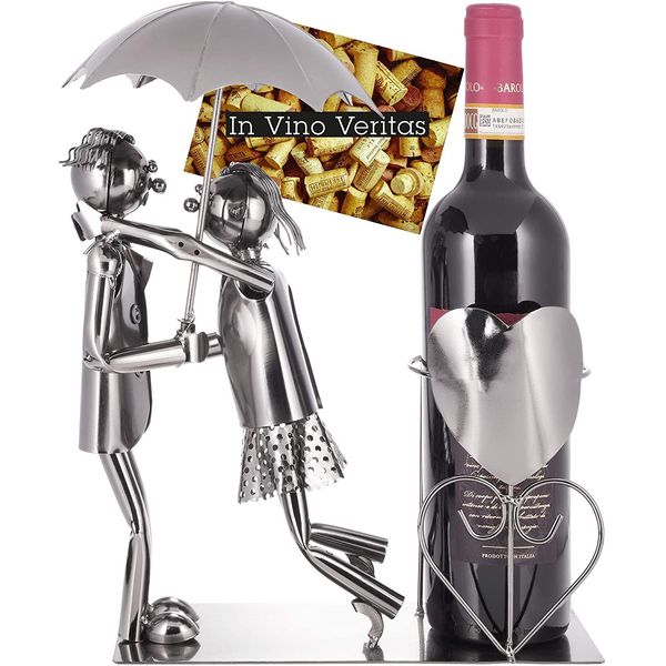 Brubaker Coppia Di Portabottiglie Da Vino Con Ombrello - Oggetto Decorativo In Metallo - Portabottiglie - Con Biglietto D'auguri Per Regalo Vino-image
