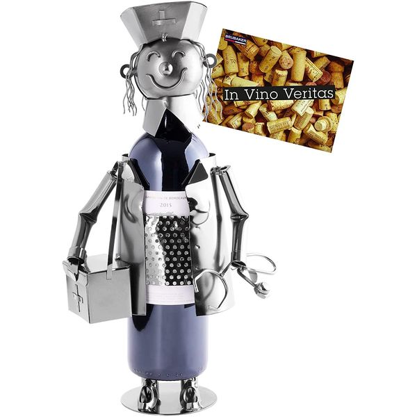 Brubaker Portabottiglie Vino Infermiera - Scultura In Metallo Portabottiglie - 23 Cm - Regalo Vino Anche Per Infermiera Sanitaria - Con Biglietto Di Auguri-image