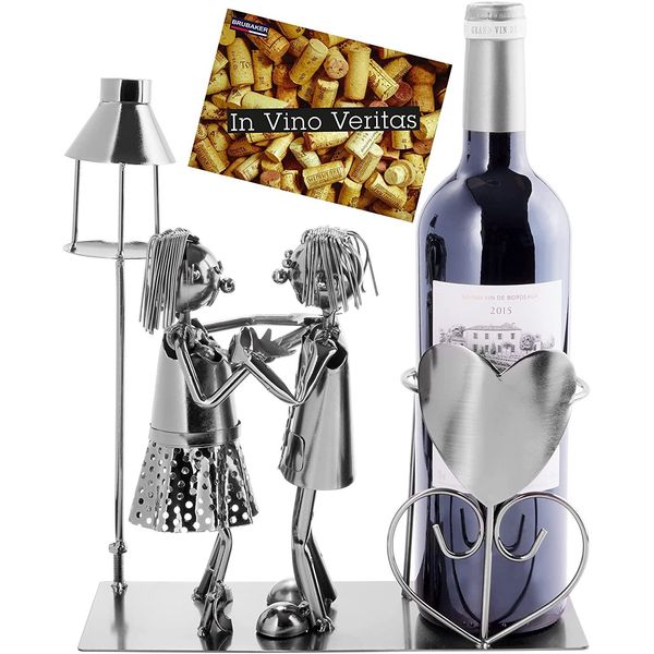 Brubaker Portabottiglie Vino Amanti Con Lanterna Per Tea Light - Scultura In Metallo Portabottiglie - 26,5 Cm - Regalo Di Vino Per Coppie - Con Biglietto Di Auguri-image