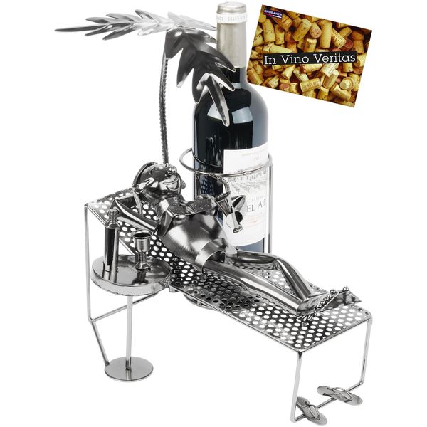 Brubaker Portabottiglie Da Vino Donna In Vacanza - Scultura In Metallo Portabottiglie Con Palma E Lettino - Regalo Per Il Vino Con Biglietto Di Auguri-image