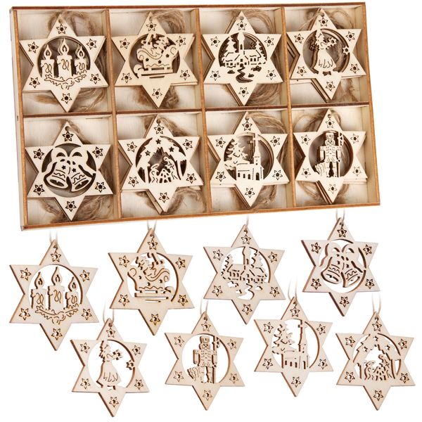Brubaker 24 Pz. Set Di Ciondoli Natalizi - Decorazione Albero In Legno 6 Cm - Stelle Con Campane Candele E Schiaccianoci - Decorazione Natalizia - Ciondolo Albero Di Natale In Legno - Decorazione Albero Di Natale-image