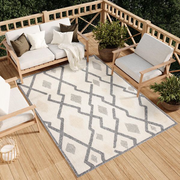 Tappeto Soggiorno Esterno Interno Camera Da Letto Design Moderno Terrazza Balcone Crema Grigio 140 X 200 Cm-image