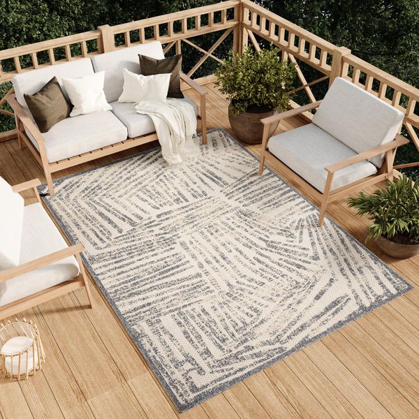 Tappeto Soggiorno Esterno Interno Camera Da Letto Design Moderno Terrazza Balcone Crema Grigio 120 X 170 Cm-image