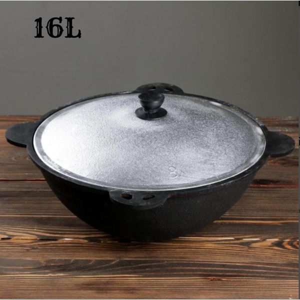 Pentola In Ghisa Da 16L Con Coperchio In Alluminio - Pentola Uzbeka Con Fondo Rotondo, Pentola Da Campeggio, Bbq-image