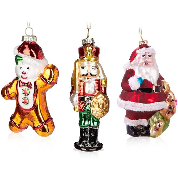 Set Di 3 Baubles Natalizi Brubaker - Baubles Natalizi Classici Dipinti A Mano Schiaccianoci Omino Di Pan Di Zenzero Babbo Natale - Decorazioni Per L'albero Di Natale In Vetro Soffiato A Bocca - Divertenti Decorazioni Per L'albero-image
