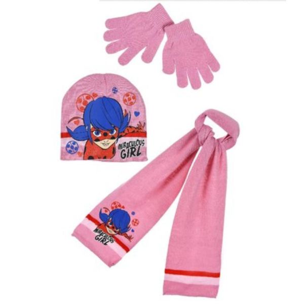 Miraculous Ladybug Set Di Maglieria Invernale 3 Pezzi Cappello + Guanti + Sciarpa Rosa 54-image