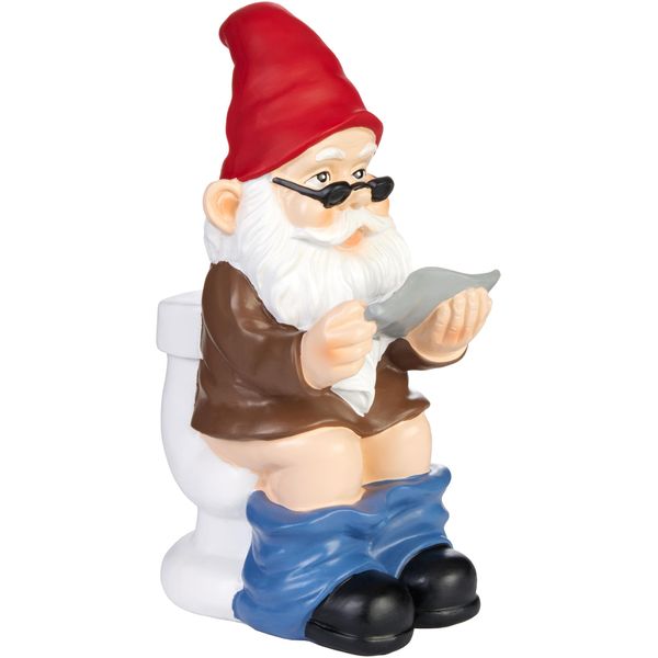 Brubaker Gnomo Da Giardino Sul Water - Gnomo Sul Water Con Occhiali E Giornale - Figura Da Giardino Divertente - Decorazione Resistente Alle Intemperie Per Il Giardino E Il Campeggio - Decorazione Da Giardino Per Esterni - Alto 20 Cm-image
