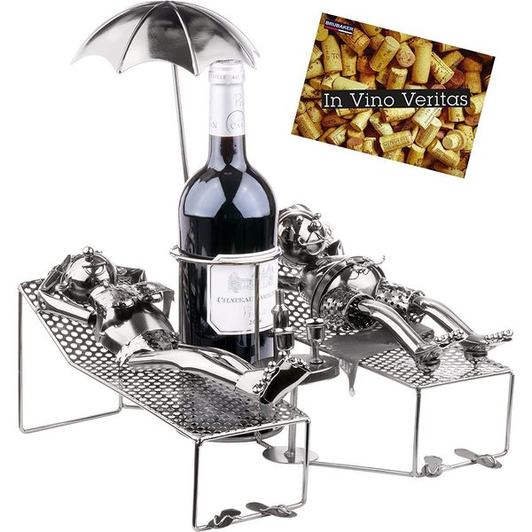 Brubaker Portabottiglie Vino Amanti In Vacanza - Scultura In Metallo Portabottiglie Coppia Sdraiata Sotto La Palma - Figura In Metallo Argentato Portabottiglie Vino Regalo Per I Vacanzieri Con Biglietto D'auguri-image