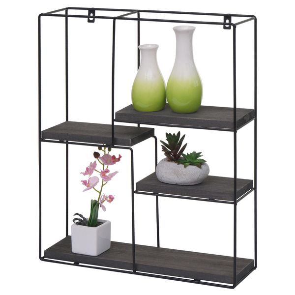 Scaffale A Muro HWC-K76, Scaffale Pensile Scaffale Galleggiante, 4 Ripiani Metallo Legno Massiccio Industriale 51X40X11Cm ~ Grigio Scuro-image