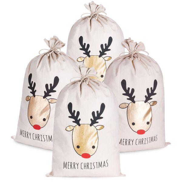 Brubaker Sacco Di Natale Renna Oro - Buon Natale - 80 Cm Sacco Regalo Di Natale - Sacco Di Babbo Natale, 4 Pezzi-image