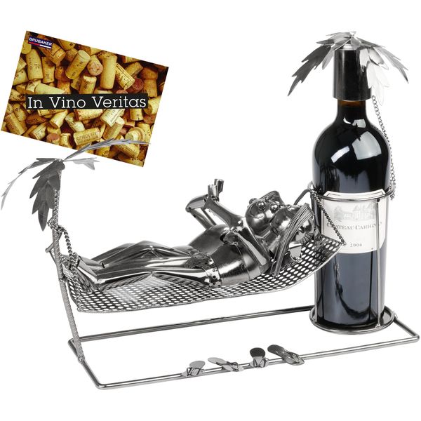 Brubaker Portabottiglie Vino Coppia In Vacanza - Portabottiglie In Metallo Coppia In Vacanza Su Amaca Con Palme - 40 Cm Regalo Vino Con Biglietto Di Auguri-image